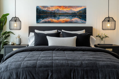 Sunset Over Mountain Lake Landscape Panoramic Framed Canvas Wall Art Above Bed Decor