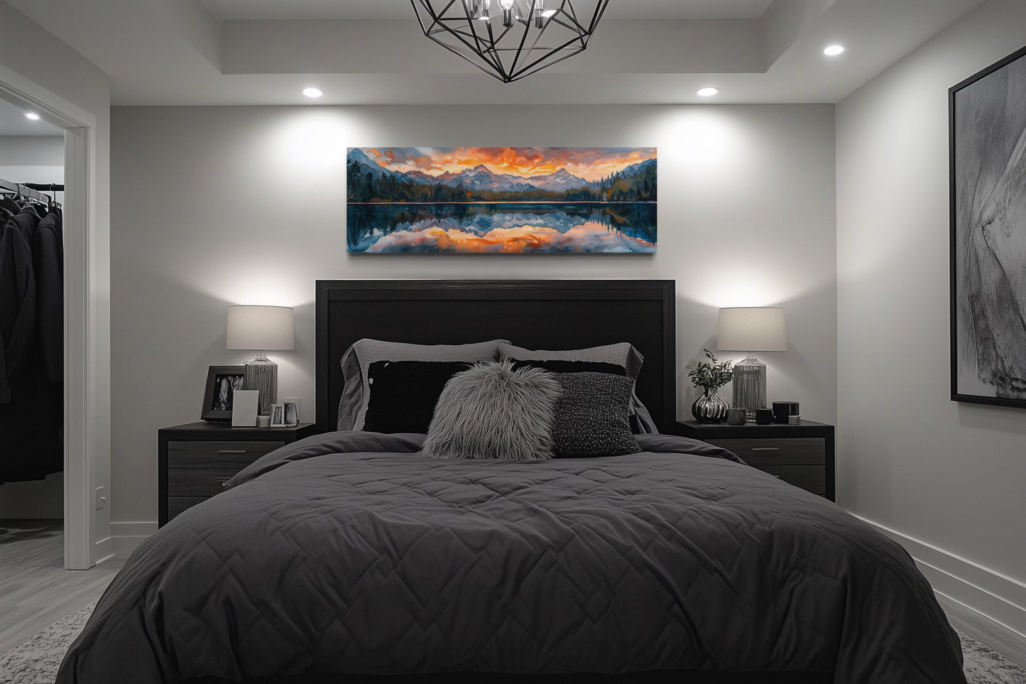 Sunset Over Mountain Lake Landscape Panoramic Framed Canvas Wall Art Above Bed Decor