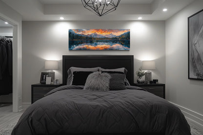 Sunset Over Mountain Lake Landscape Panoramic Framed Canvas Wall Art Above Bed Decor