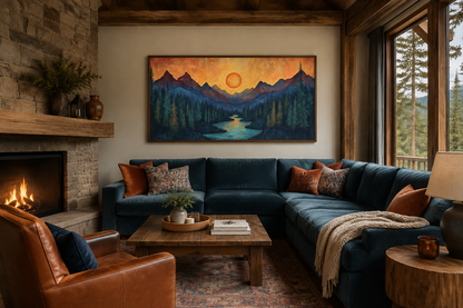 Sunset Mountain River Painted On Wood Canvas Wall Art Print For Mountain Cabin Decor