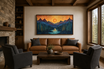Sunset Mountain River Painted On Wood Canvas Wall Art Print For Mountain Cabin Decor