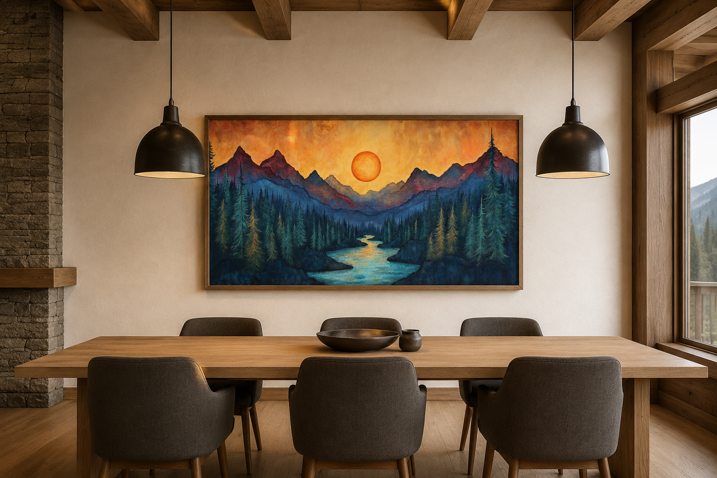 Sunset Mountain River Painted On Wood Canvas Wall Art Print For Mountain Cabin Decor