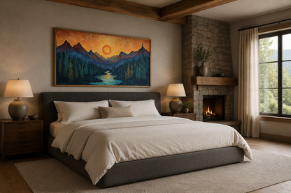 Sunset Mountain River Painted On Wood Canvas Wall Art Print For Mountain Cabin Decor