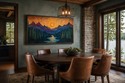 Sunset Mountain River Painted On Wood Canvas Wall Art Print For Mountain Cabin Decor