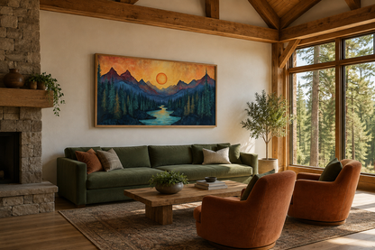 Sunset Mountain River Painted On Wood Canvas Wall Art Print For Mountain Cabin Decor