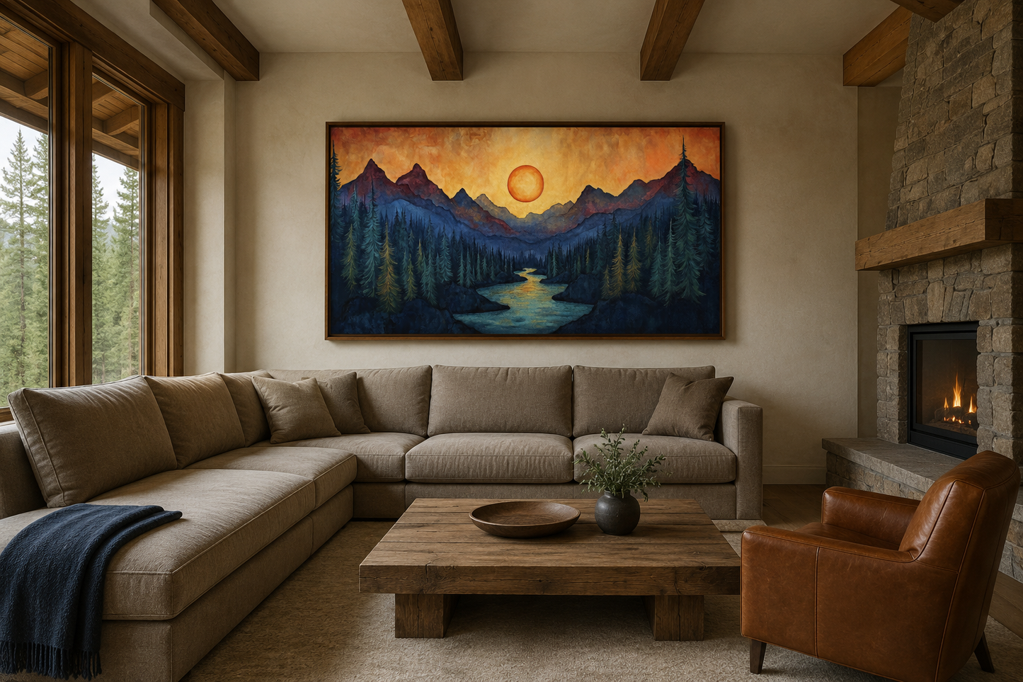 Sunset Mountain River Painted On Wood Canvas Wall Art Print For Mountain Cabin Decor