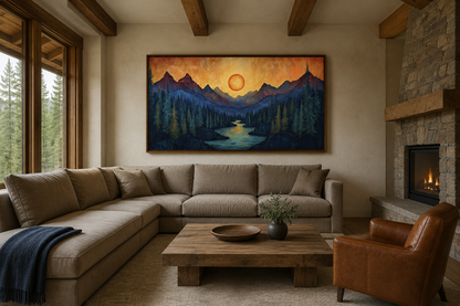 Sunset Mountain River Painted On Wood Canvas Wall Art Print For Mountain Cabin Decor