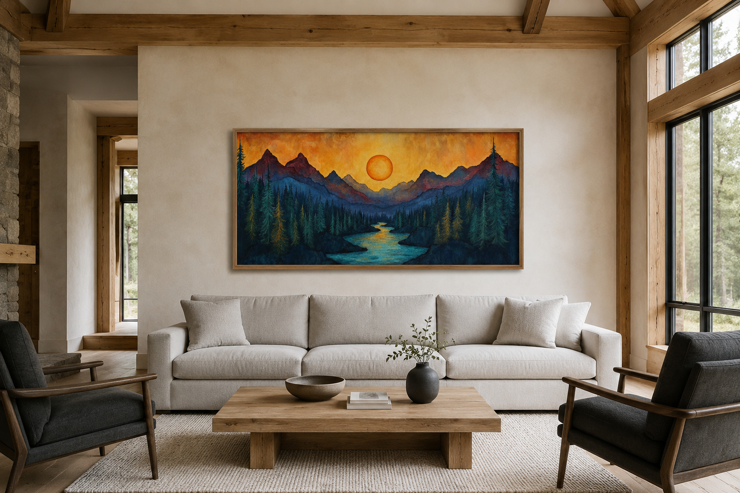 Sunset Mountain River Painted On Wood Canvas Wall Art Print For Mountain Cabin Decor
