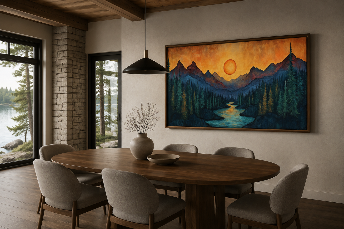 Sunset Mountain River Painted On Wood Canvas Wall Art Print For Mountain Cabin Decor