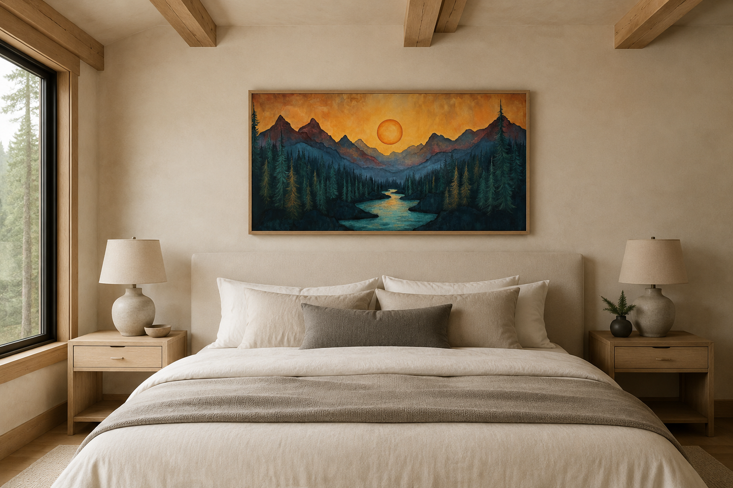 Sunset Mountain River Painted On Wood Canvas Wall Art Print For Mountain Cabin Decor