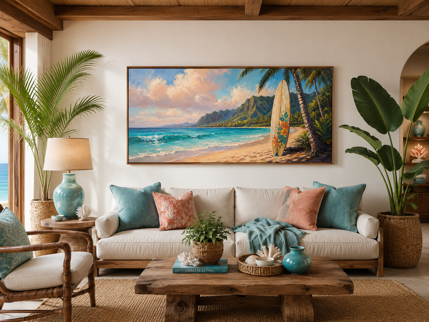 Surfboard On Hawaii Beach Framed Canvas Tropical Wall Art