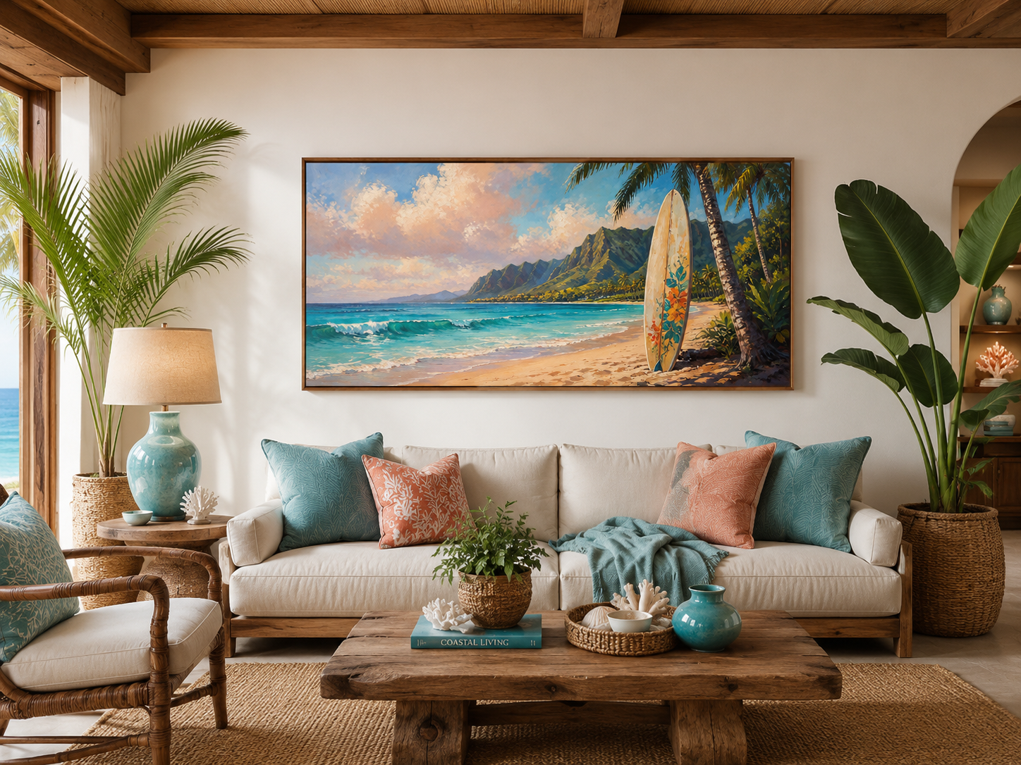 Surfboard On Hawaii Beach Framed Canvas Tropical Wall Art