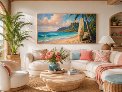 Surfboard On Hawaii Beach Framed Canvas Tropical Wall Art