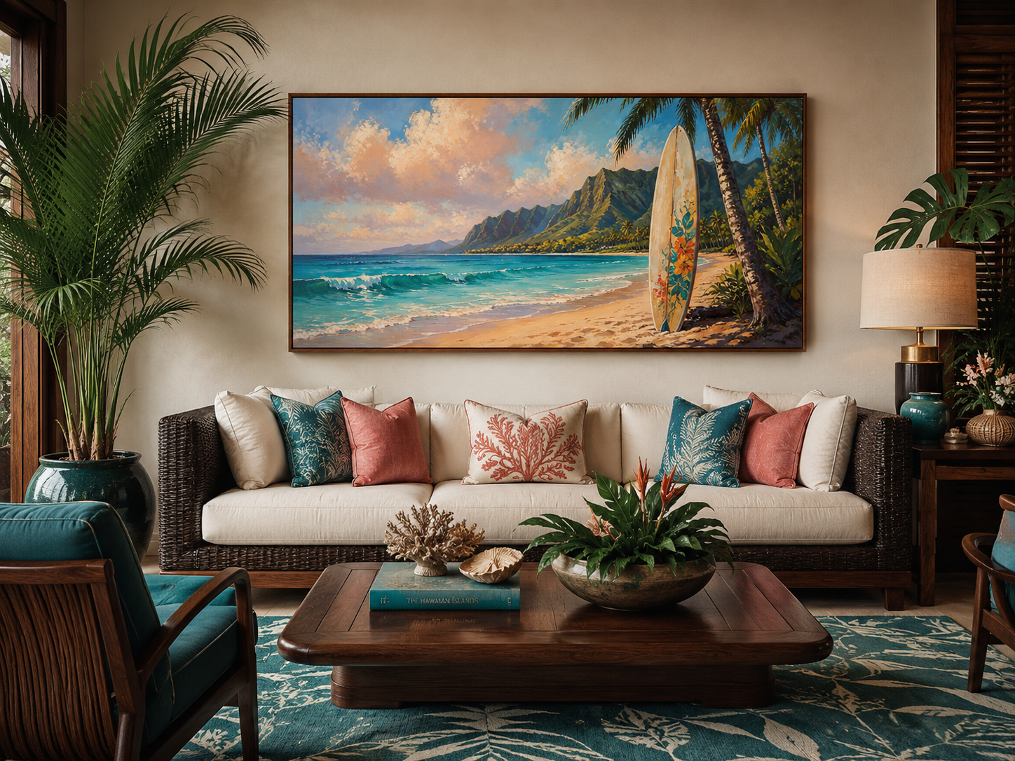 Surfboard On Hawaii Beach Framed Canvas Tropical Wall Art