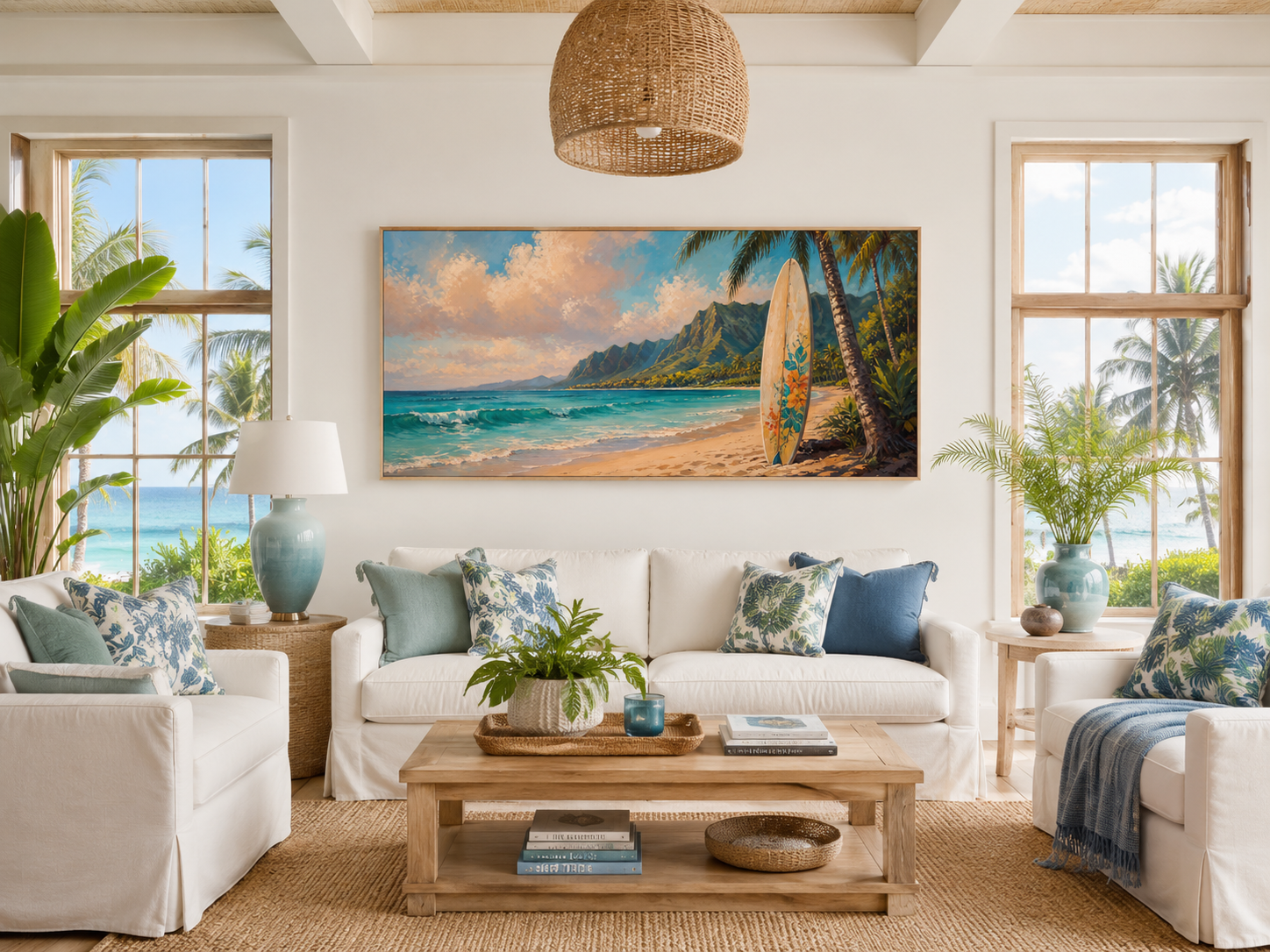 Surfboard On Hawaii Beach Framed Canvas Tropical Wall Art