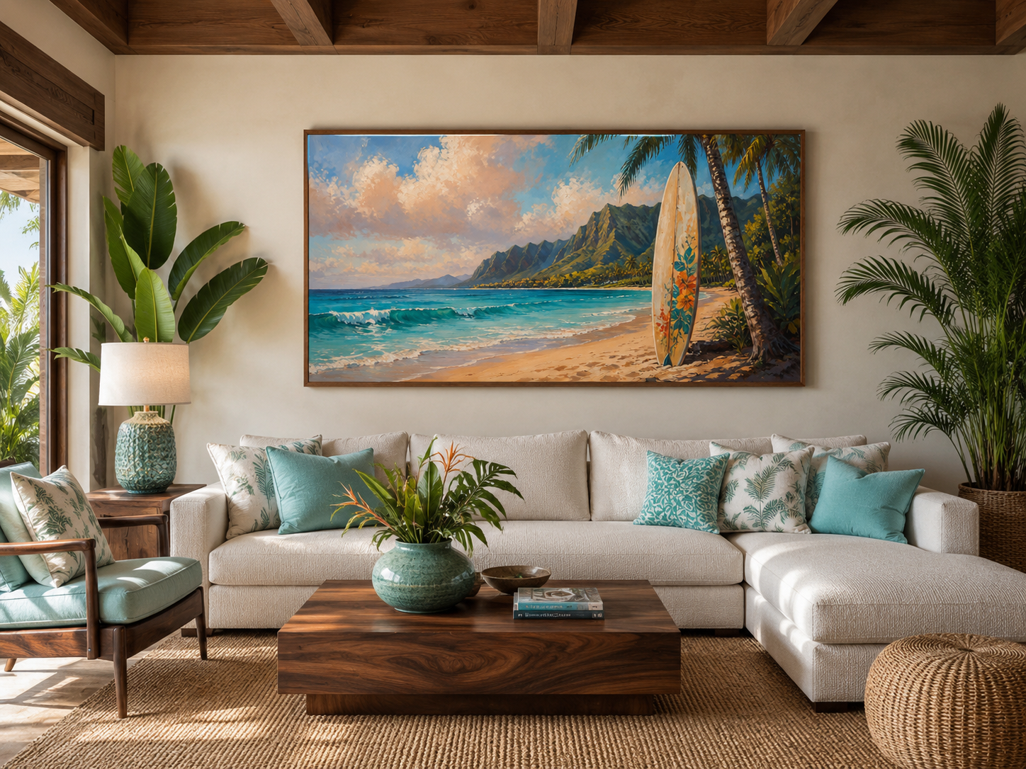 Surfboard On Hawaii Beach Framed Canvas Tropical Wall Art