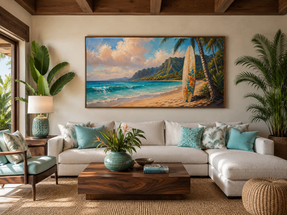 Surfboard On Hawaii Beach Framed Canvas Tropical Wall Art