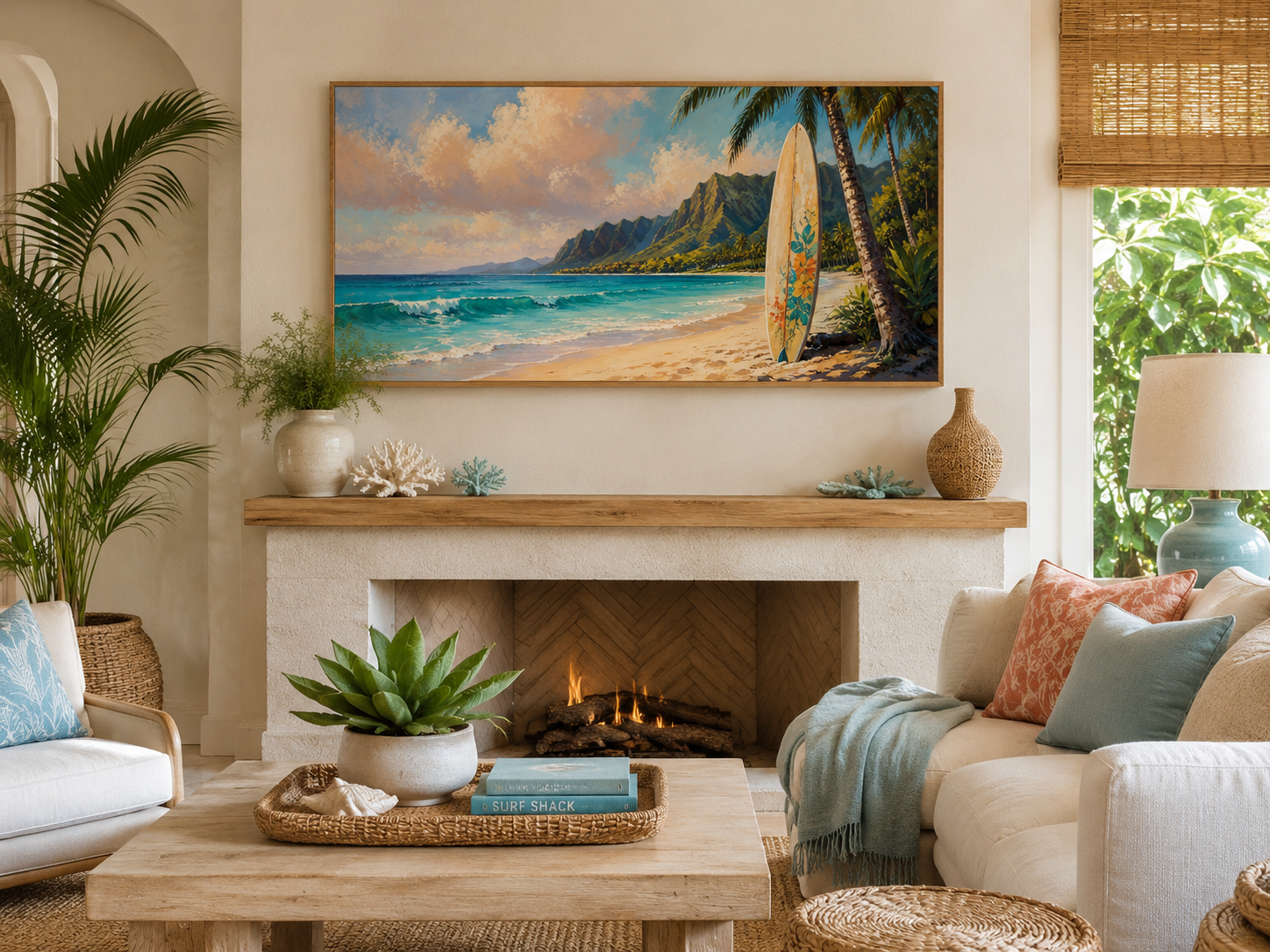 Surfboard On Hawaii Beach Framed Canvas Tropical Wall Art