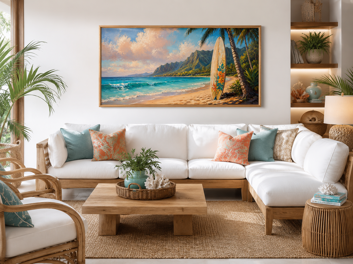 Surfboard On Hawaii Beach Framed Canvas Tropical Wall Art