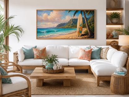 Surfboard On Hawaii Beach Framed Canvas Tropical Wall Art
