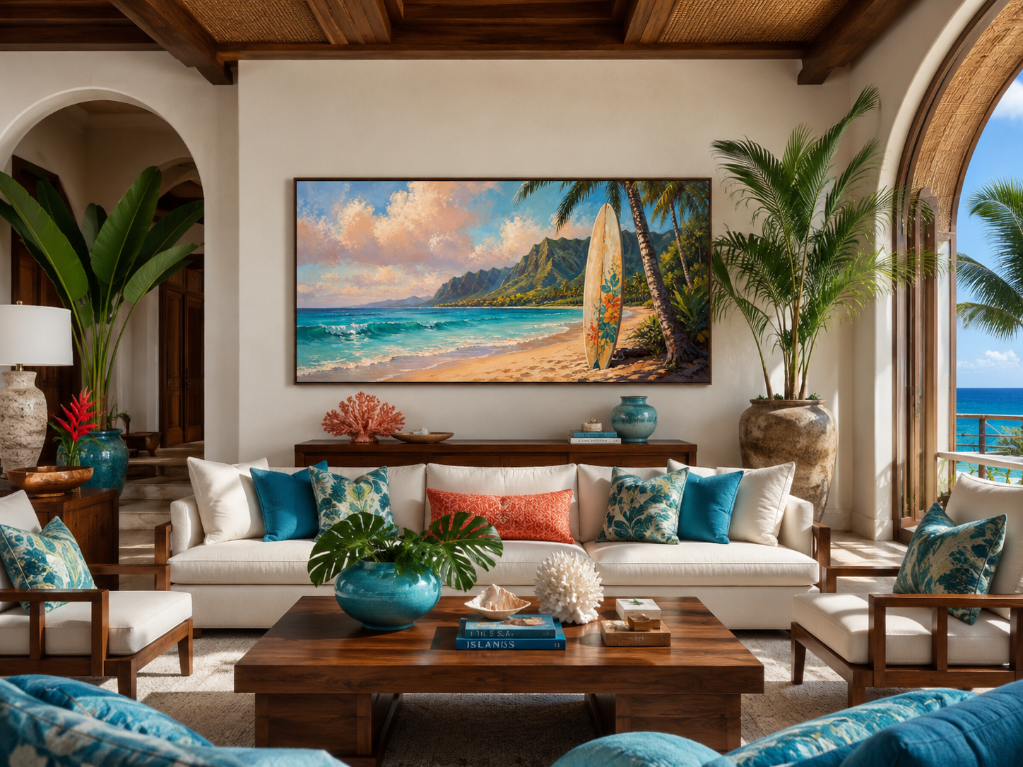 Surfboard On Hawaii Beach Framed Canvas Tropical Wall Art