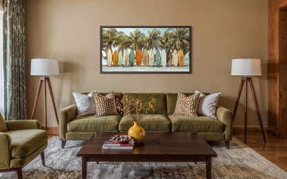 Surfboards On The Beach Framed Canvas Wall Art