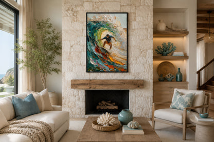 Surfer Riding A Wave Framed Canvas Wall Art