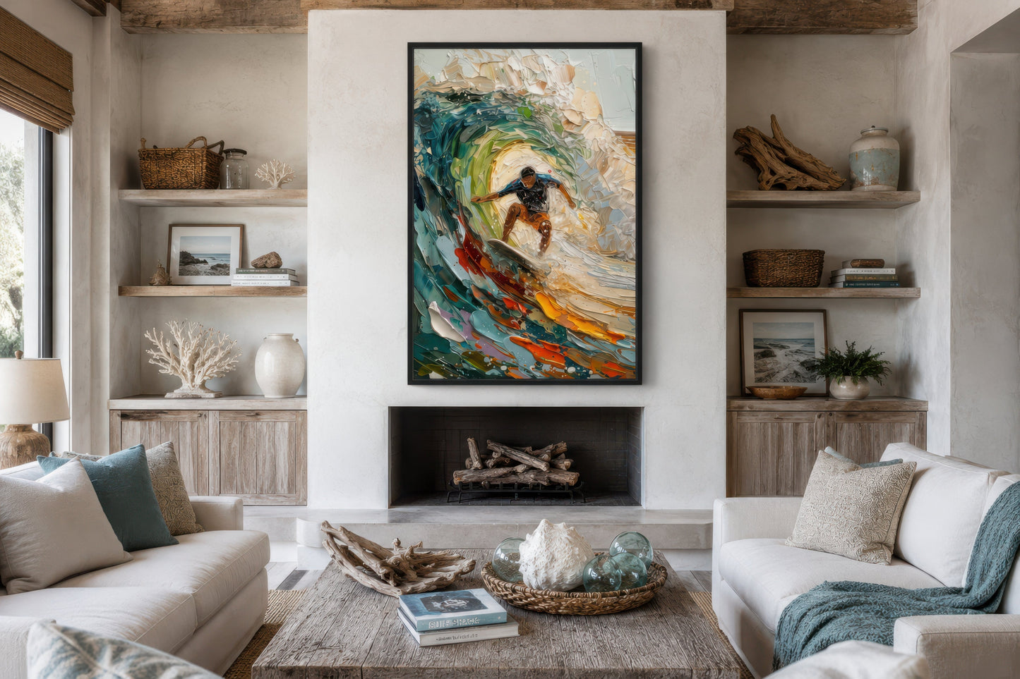 Surfer Riding A Wave Framed Canvas Wall Art