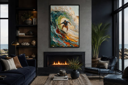 Surfer Riding A Wave Framed Canvas Wall Art