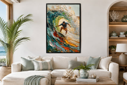 Surfer Riding A Wave Framed Canvas Wall Art