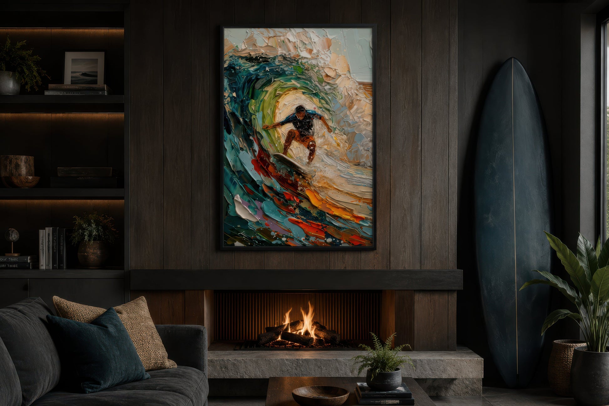Surfer Riding A Wave Framed Canvas Wall Art