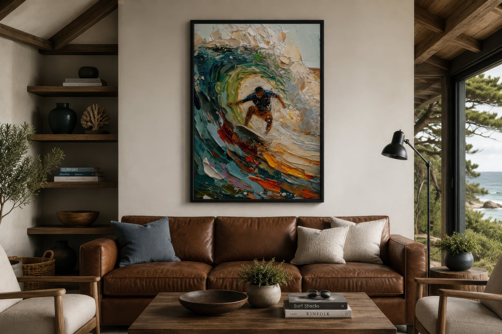 Surfer Riding A Wave Framed Canvas Wall Art