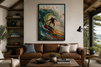 Surfer Riding A Wave Framed Canvas Wall Art