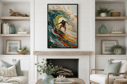 Surfer Riding A Wave Framed Canvas Wall Art