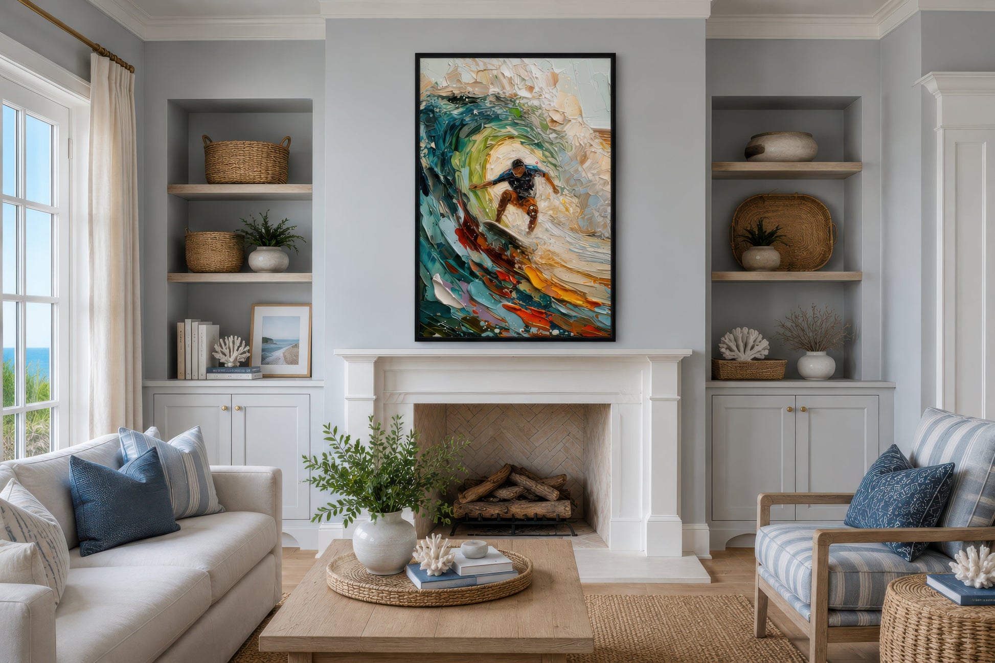 Surfer Riding A Wave Framed Canvas Wall Art