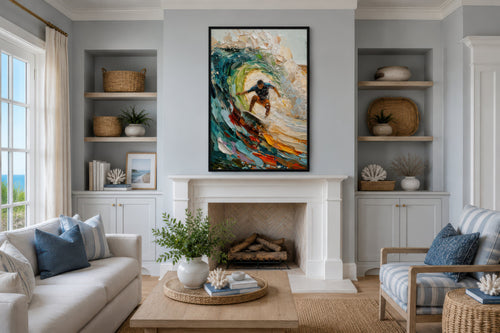 Surfer Riding A Wave Framed Canvas Wall Art