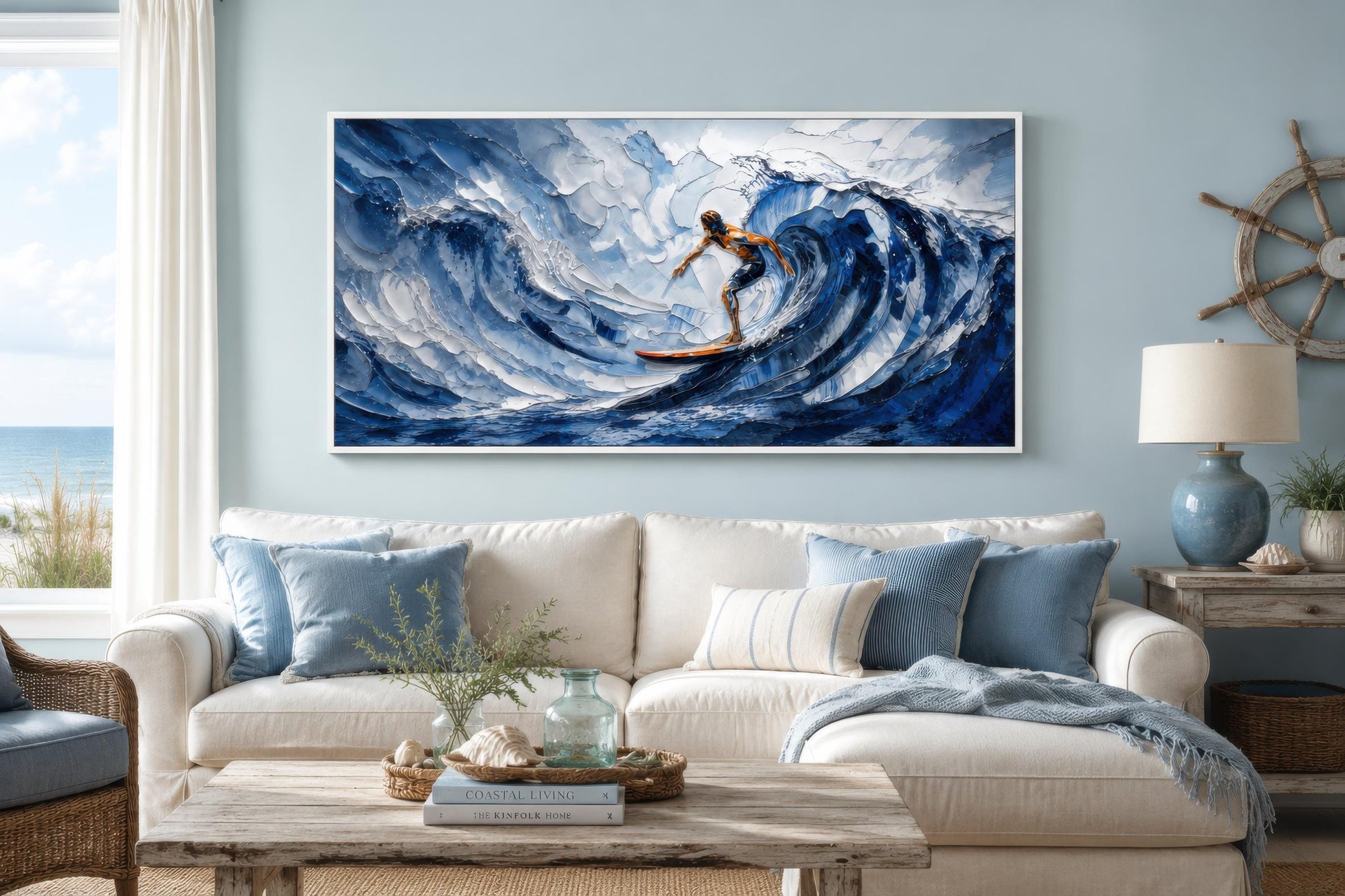 Surfer Wall Art – Blue Ocean Wave Painting | Coastal Beach House Decor Canvas Print