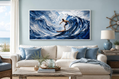 Surfer Wall Art – Blue Ocean Wave Painting | Coastal Beach House Decor Canvas Print