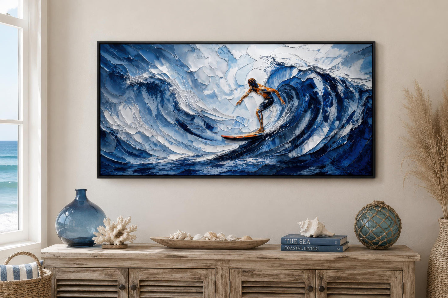 Surfer Wall Art – Blue Ocean Wave Painting | Coastal Beach House Decor Canvas Print