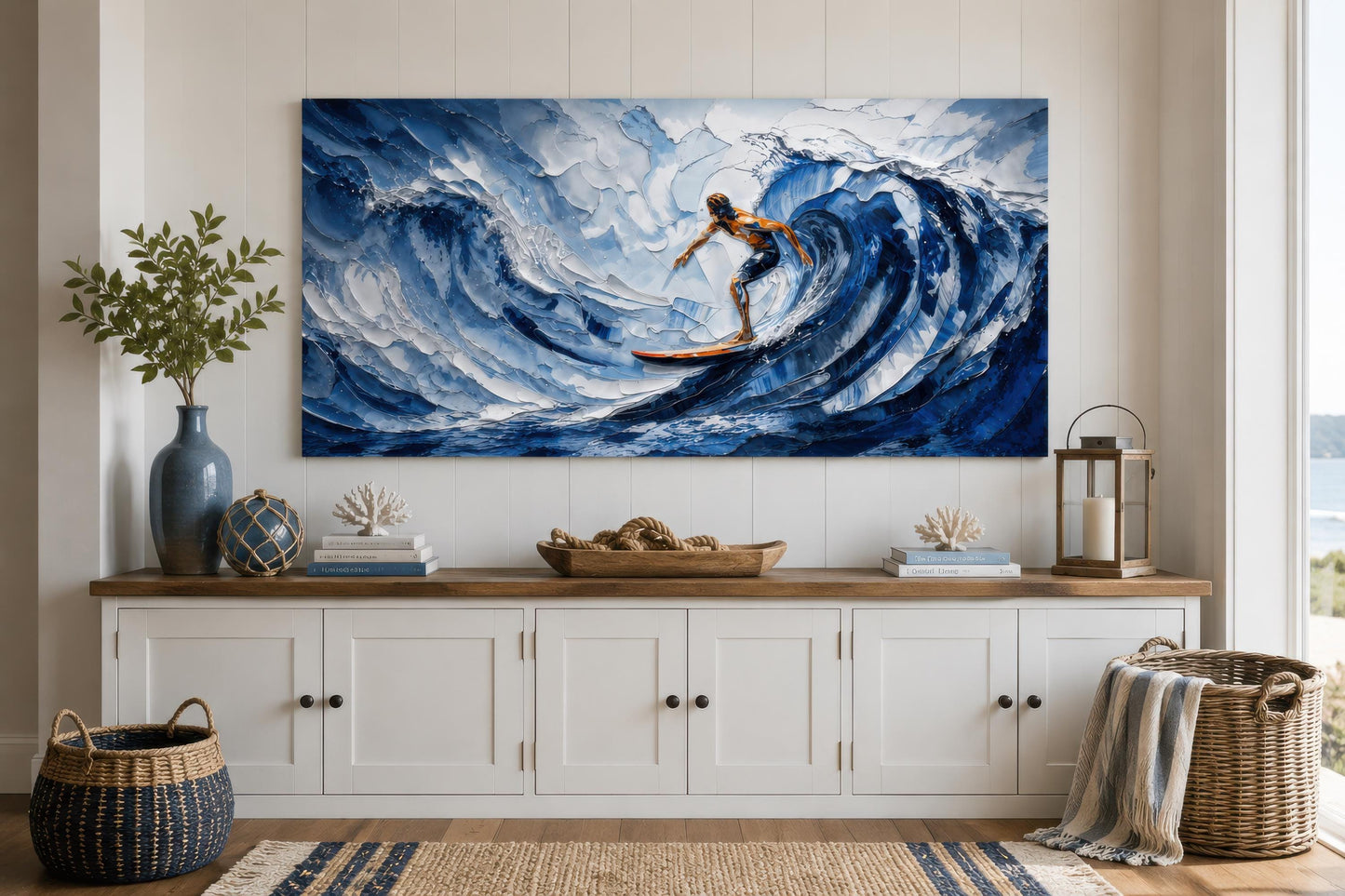 Surfer Wall Art – Blue Ocean Wave Painting | Coastal Beach House Decor Canvas Print