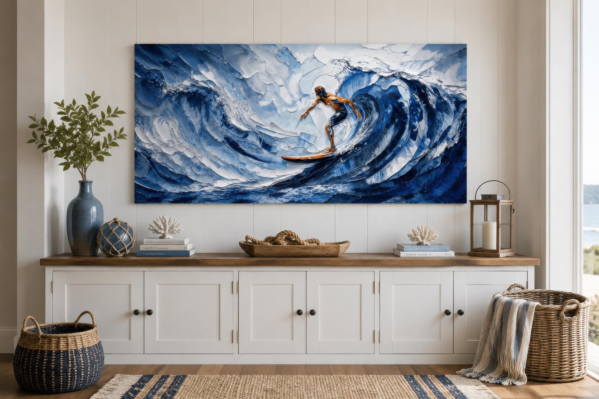 Surfer Wall Art – Blue Ocean Wave Painting | Coastal Beach House Decor Canvas Print