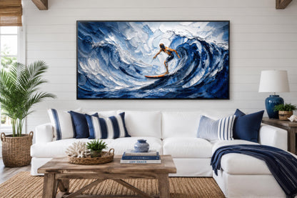 Surfer Wall Art – Blue Ocean Wave Painting | Coastal Beach House Decor Canvas Print