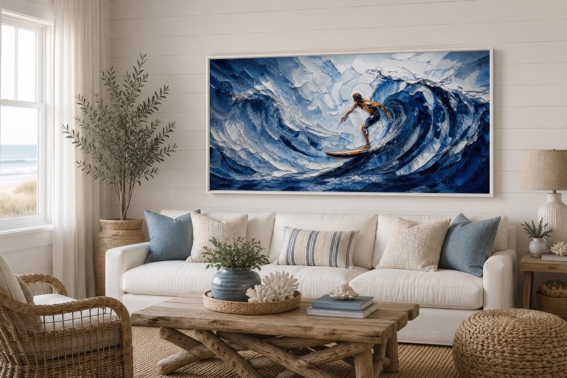 Surfer Wall Art – Blue Ocean Wave Painting | Coastal Beach House Decor Canvas Print