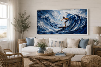 Surfer Wall Art – Blue Ocean Wave Painting | Coastal Beach House Decor Canvas Print