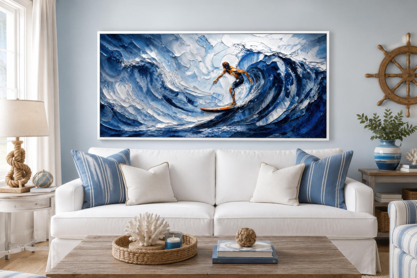 Surfer Wall Art – Blue Ocean Wave Painting | Coastal Beach House Decor Canvas Print