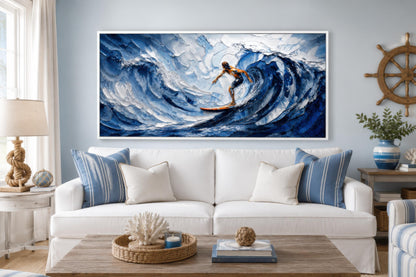 Surfer Wall Art – Blue Ocean Wave Painting | Coastal Beach House Decor Canvas Print