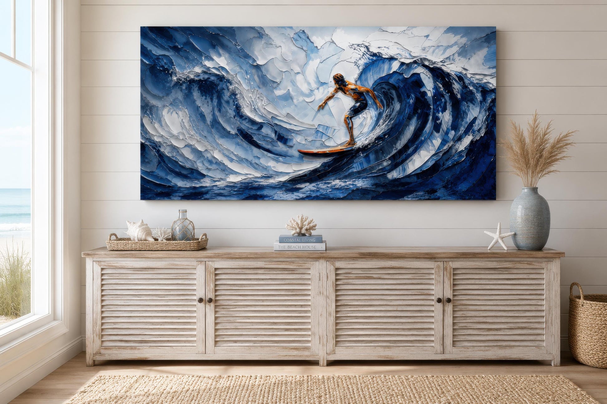 Surfer Wall Art – Blue Ocean Wave Painting | Coastal Beach House Decor Canvas Print