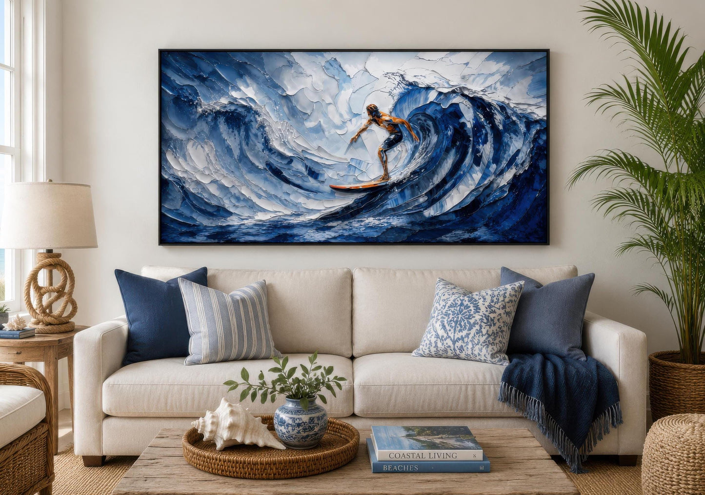Surfer Wall Art – Blue Ocean Wave Painting | Coastal Beach House Decor Canvas Print
