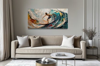 Surfing Wall Art – Abstract Surfer Canvas With Vibrant Ocean Wave Painting