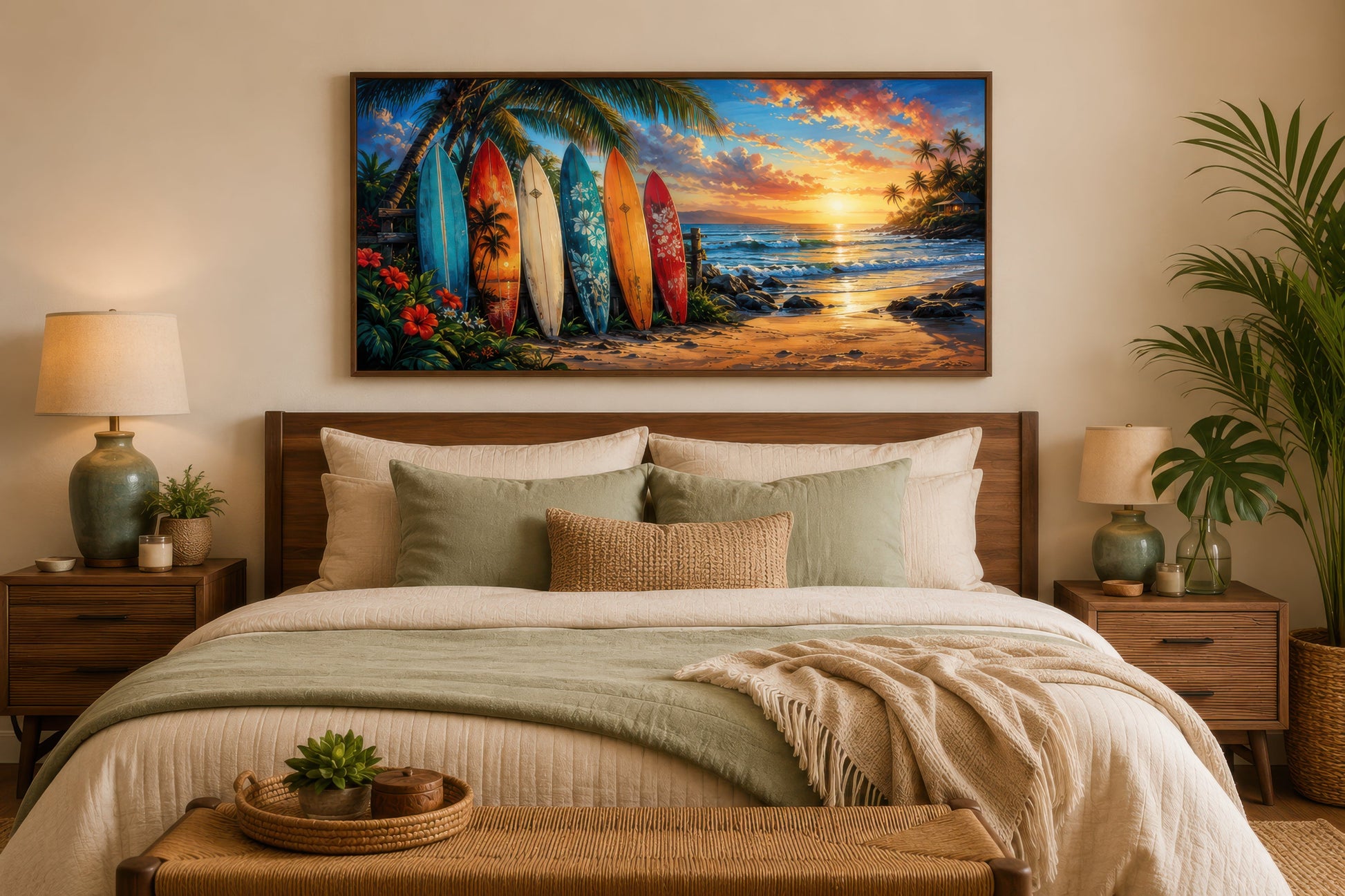 Colorful Surf Boards On The Beach Framed Canvas Wall Art
